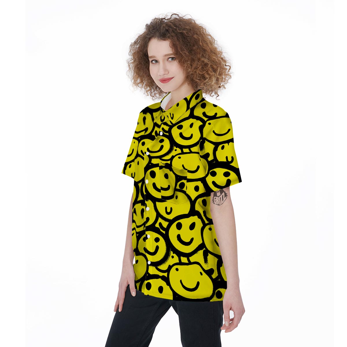 Graffiti Happy Emoji Print Women's Short Sleeve Shirts-grizzshop