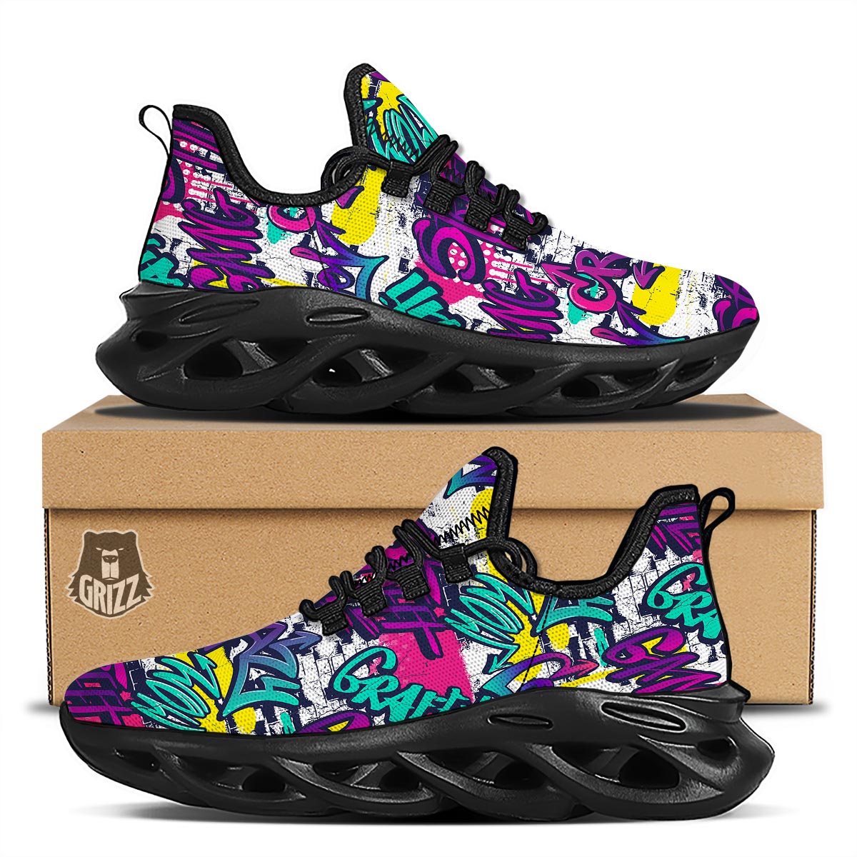 Graffiti Hiphop Print Black Running Shoes-grizzshop