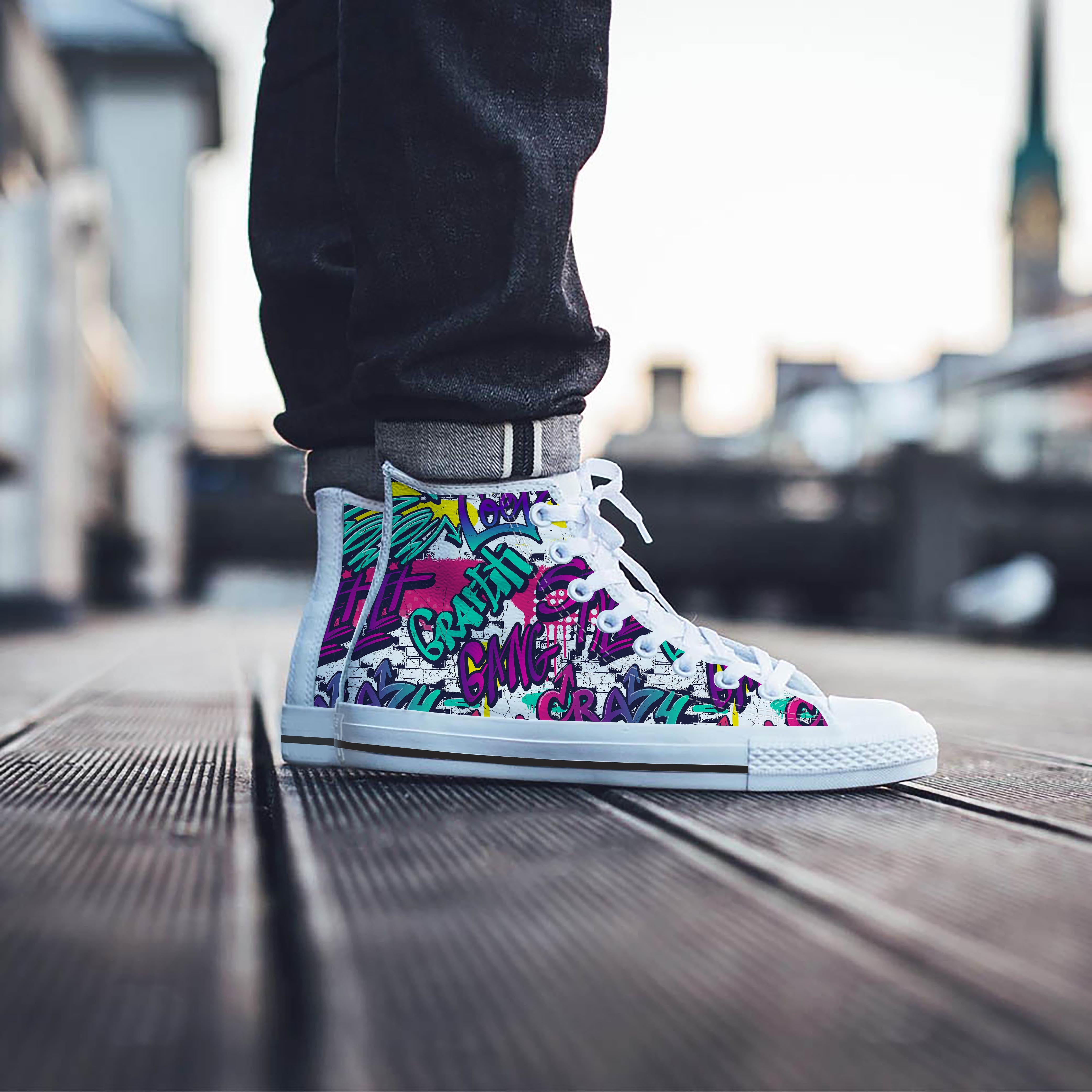 Graffiti Hiphop Print Men's High Top Shoes-grizzshop