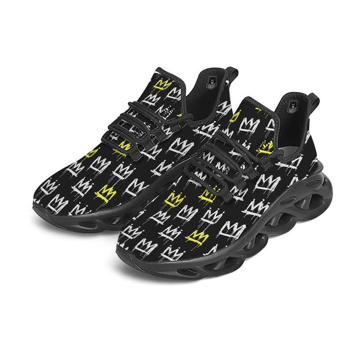 Graffiti Hiphop White And Yellow Crown Print Black Running Shoes-grizzshop