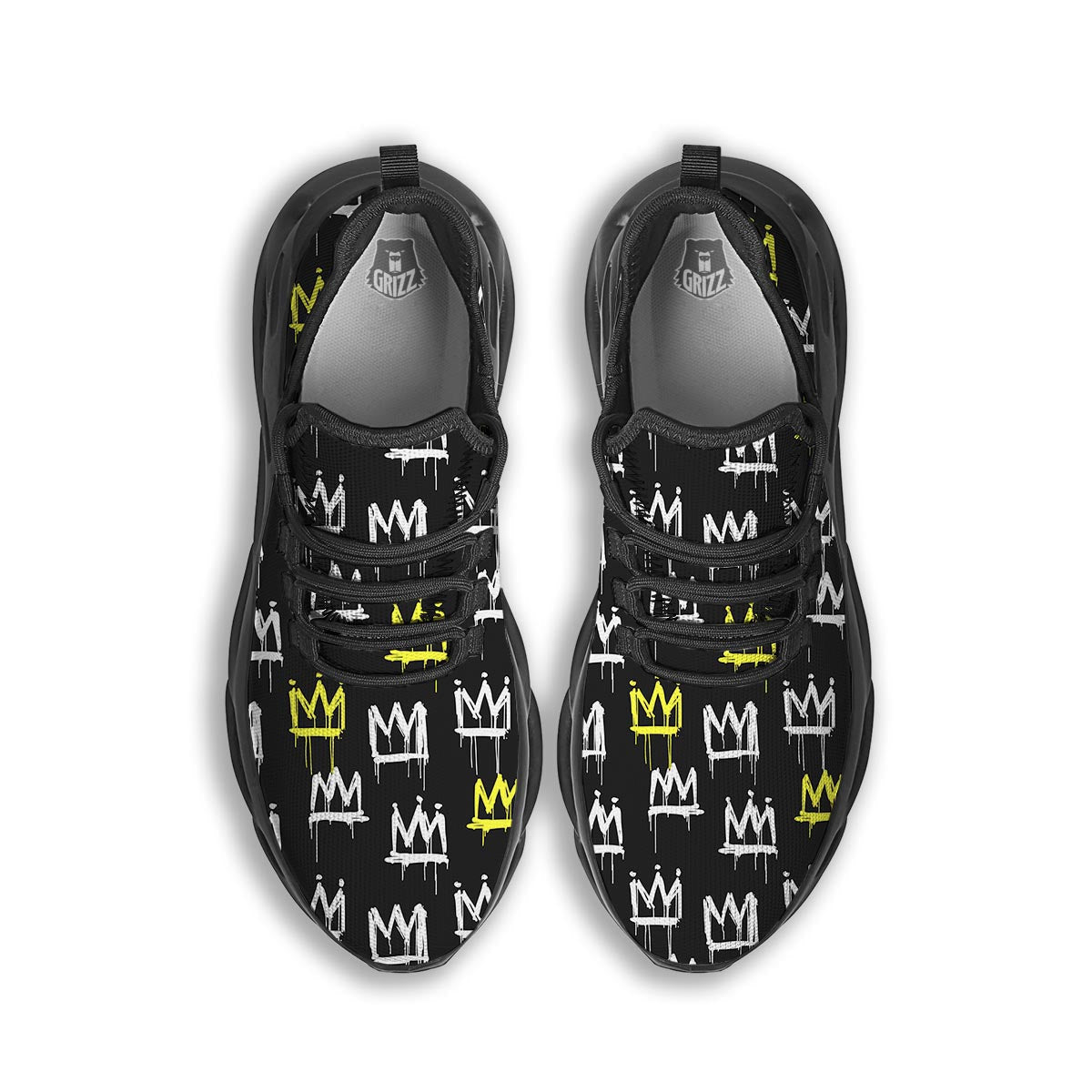 Graffiti Hiphop White And Yellow Crown Print Black Running Shoes-grizzshop