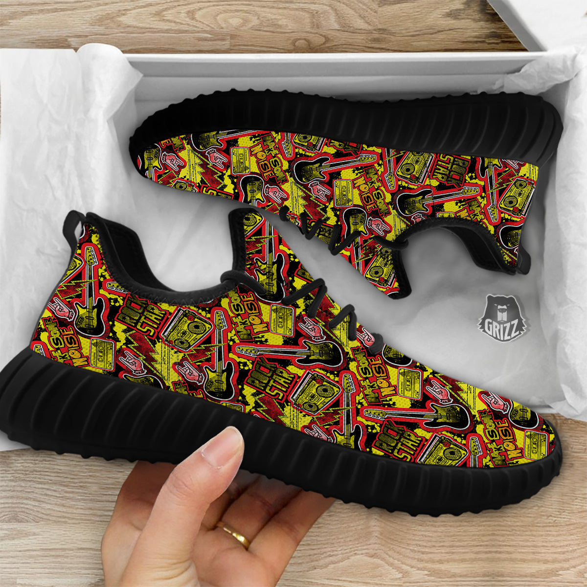 Graffiti Music Rock Star Print Pattern Black Walking Shoes-grizzshop