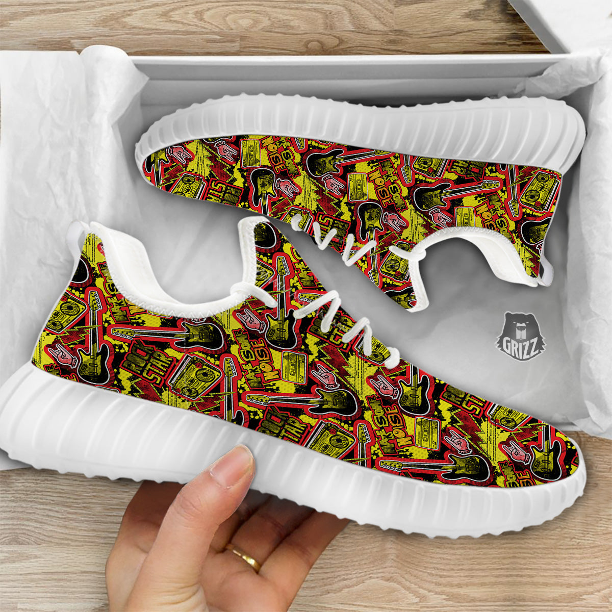 Graffiti Music Rock Star Print Pattern White Walking Shoes-grizzshop