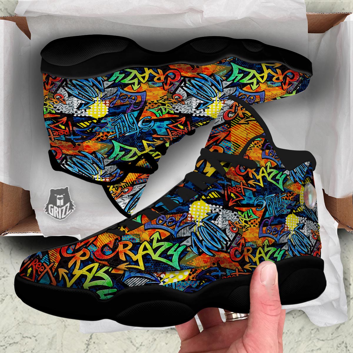 Graffiti Retro Print Pattern Black Basketball Shoes-grizzshop