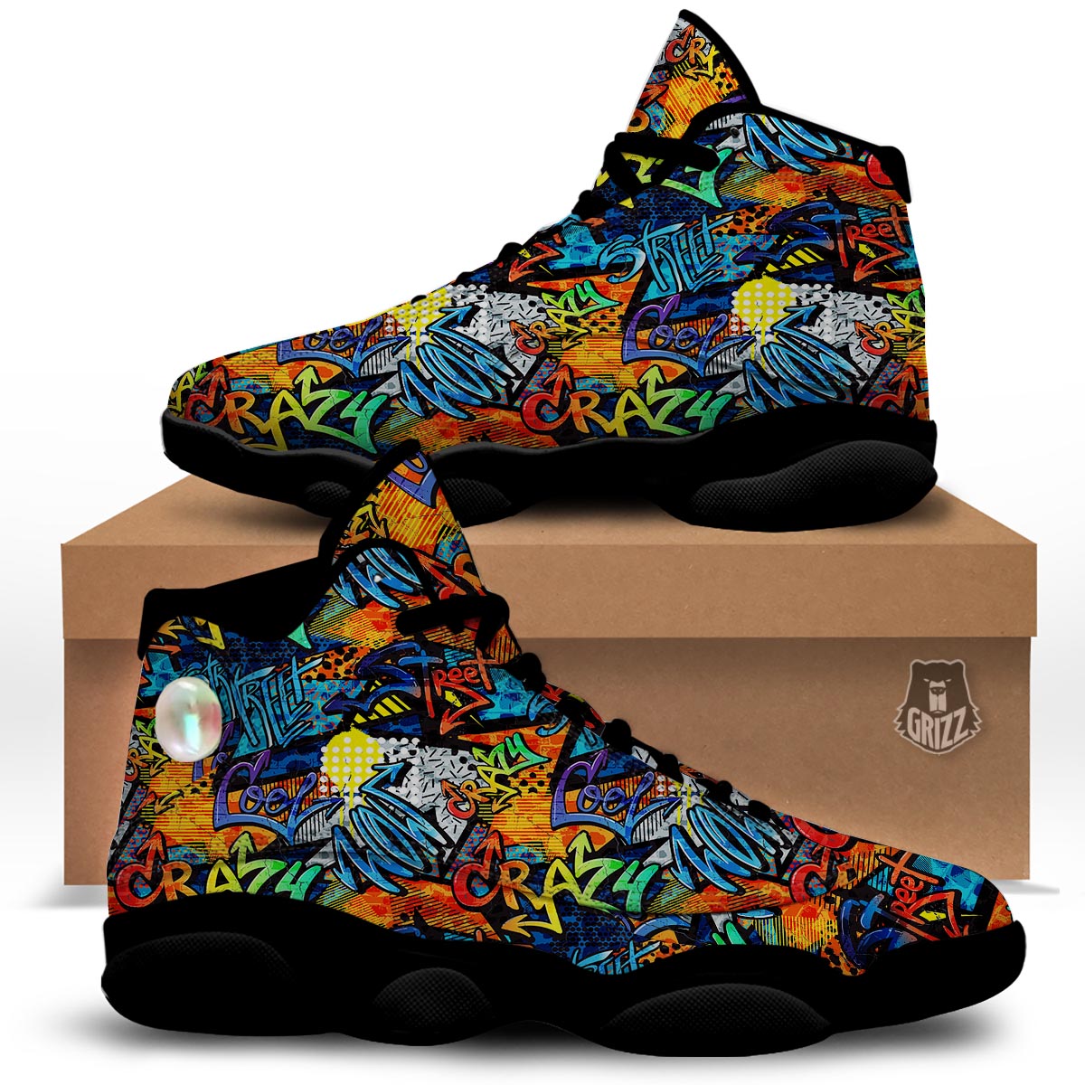 Graffiti Retro Print Pattern Black Basketball Shoes-grizzshop
