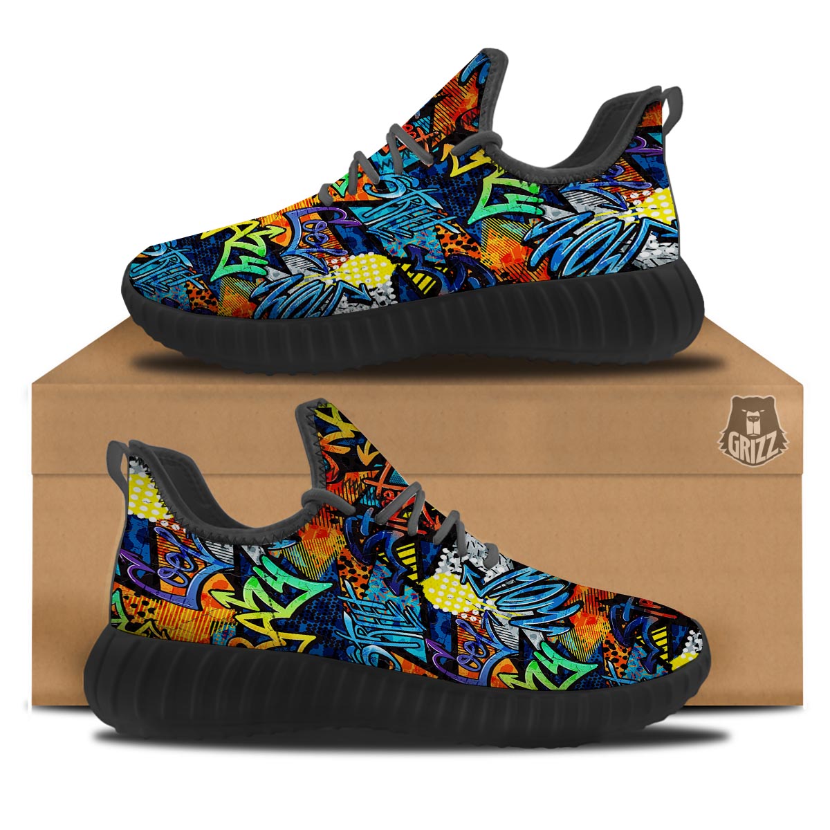 Graffiti Retro Print Pattern Black Walking Shoes-grizzshop