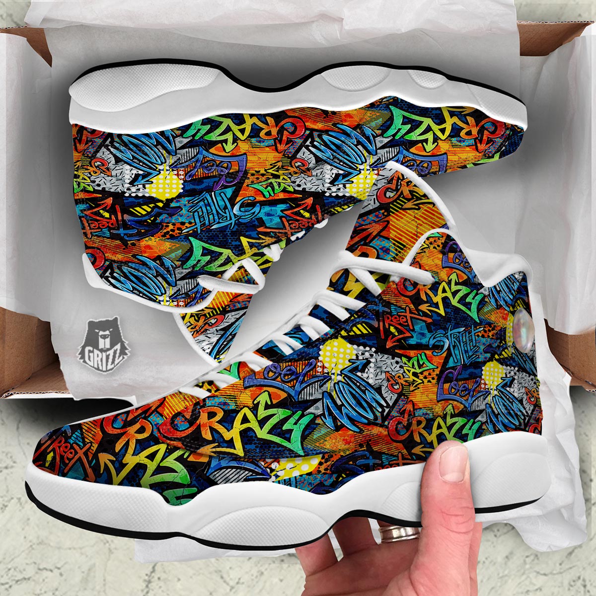 Graffiti Retro Print Pattern White Basketball Shoes-grizzshop