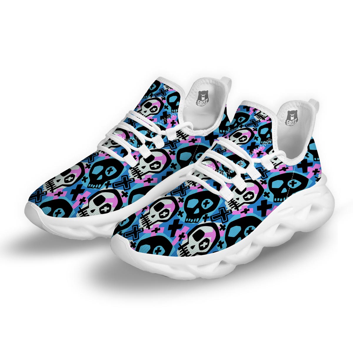 Graffiti Skull Print White Running Shoes-grizzshop