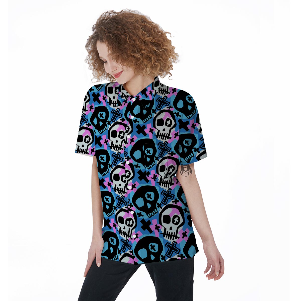 Graffiti Skull Print Women's Short Sleeve Shirts-grizzshop