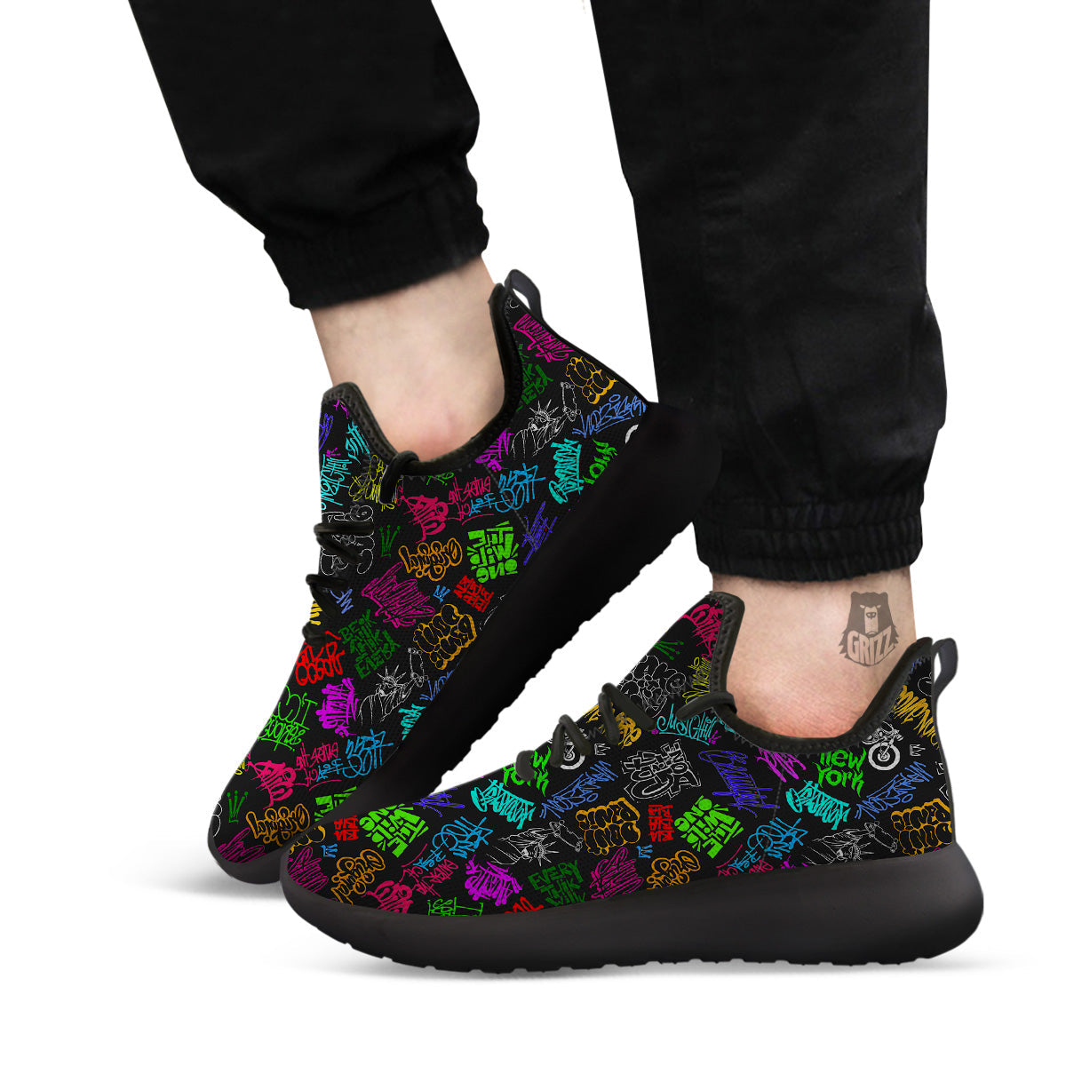 Graffiti Text Colorful Urban Elements Print Pattern Black Athletic Shoes-grizzshop