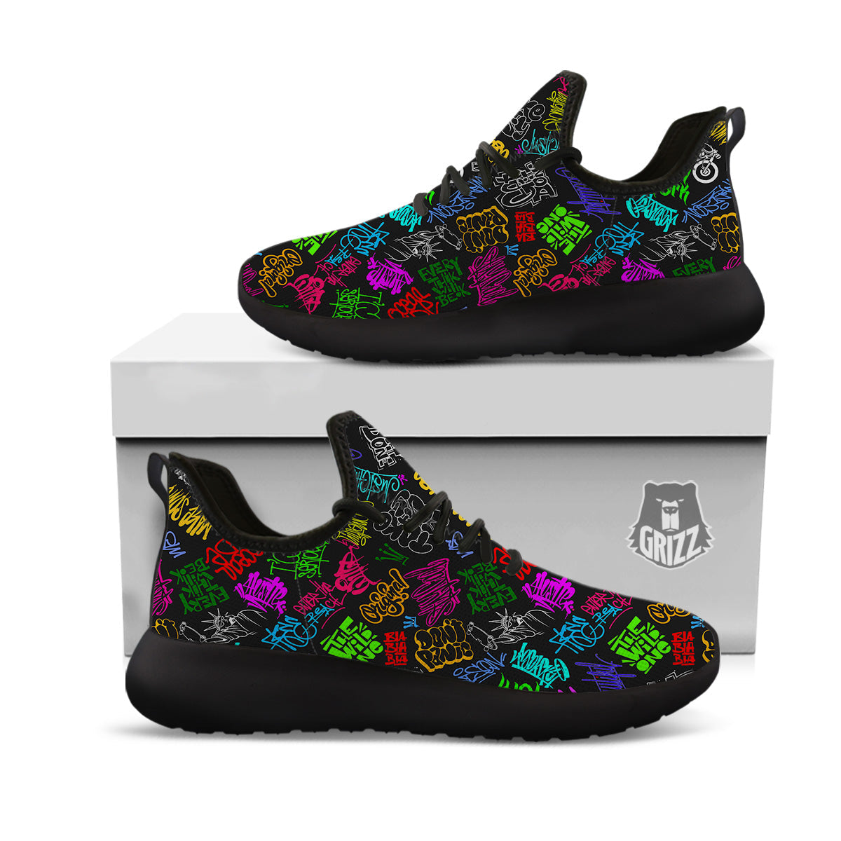 Graffiti Text Colorful Urban Elements Print Pattern Black Athletic Shoes-grizzshop