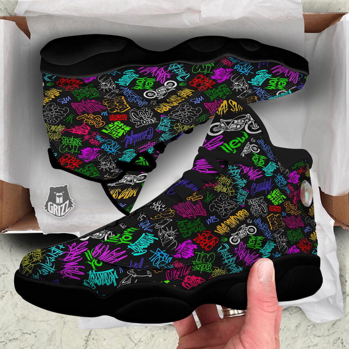 Graffiti Text Colorful Urban Elements Print Pattern Black Basketball Shoes-grizzshop