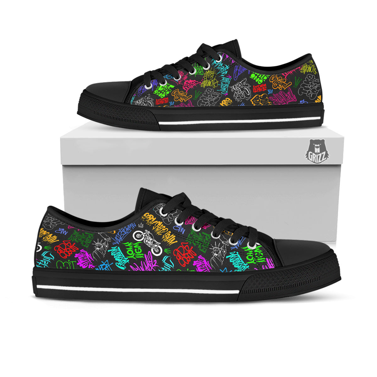 Graffiti Text Colorful Urban Elements Print Pattern Black Low Top Shoes-grizzshop