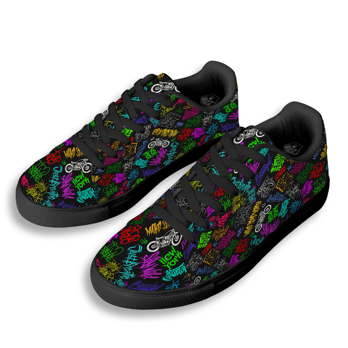 Graffiti Text Colorful Urban Elements Print Pattern Black Low Top Sneakers-grizzshop