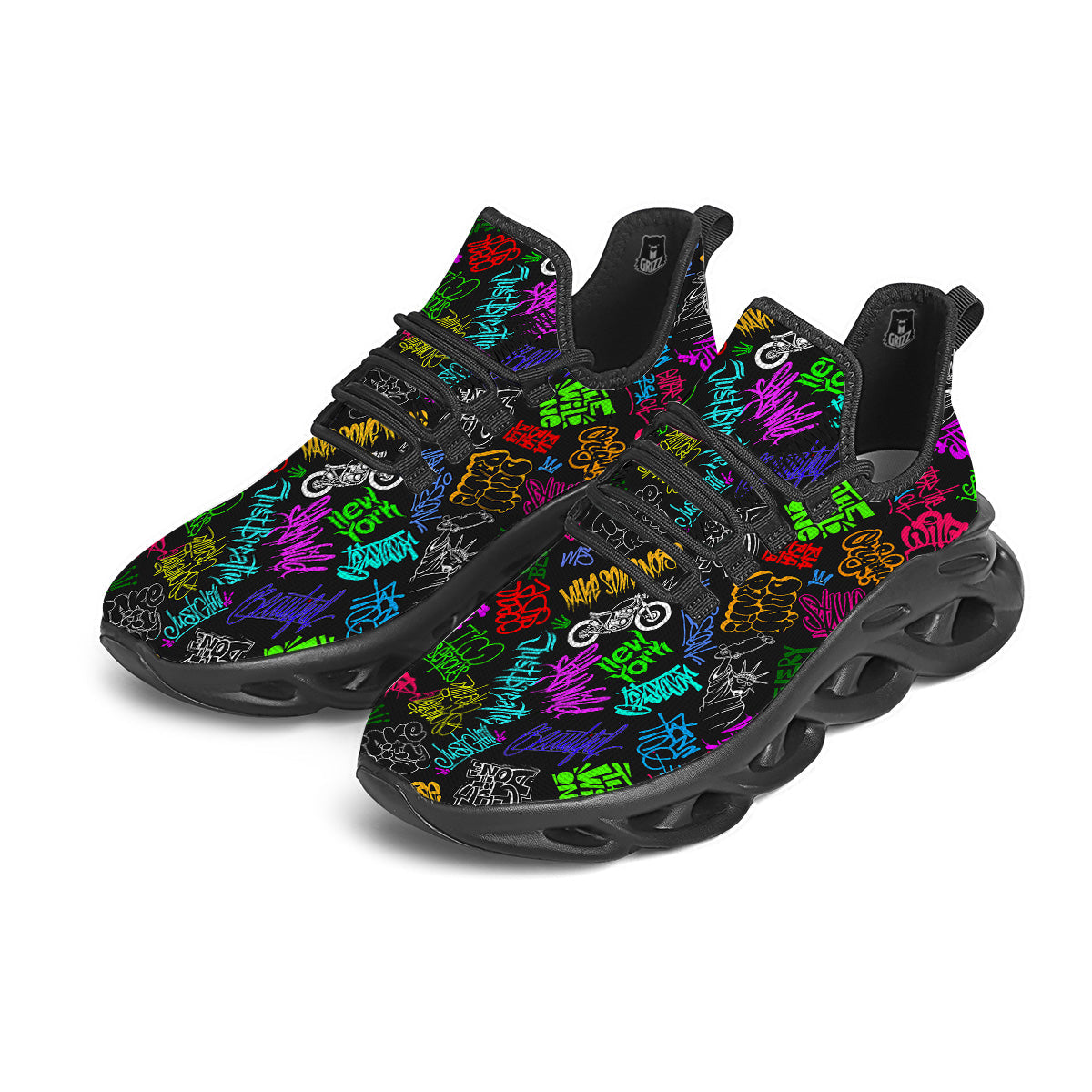 Graffiti Text Colorful Urban Elements Print Pattern Black Running Shoes-grizzshop