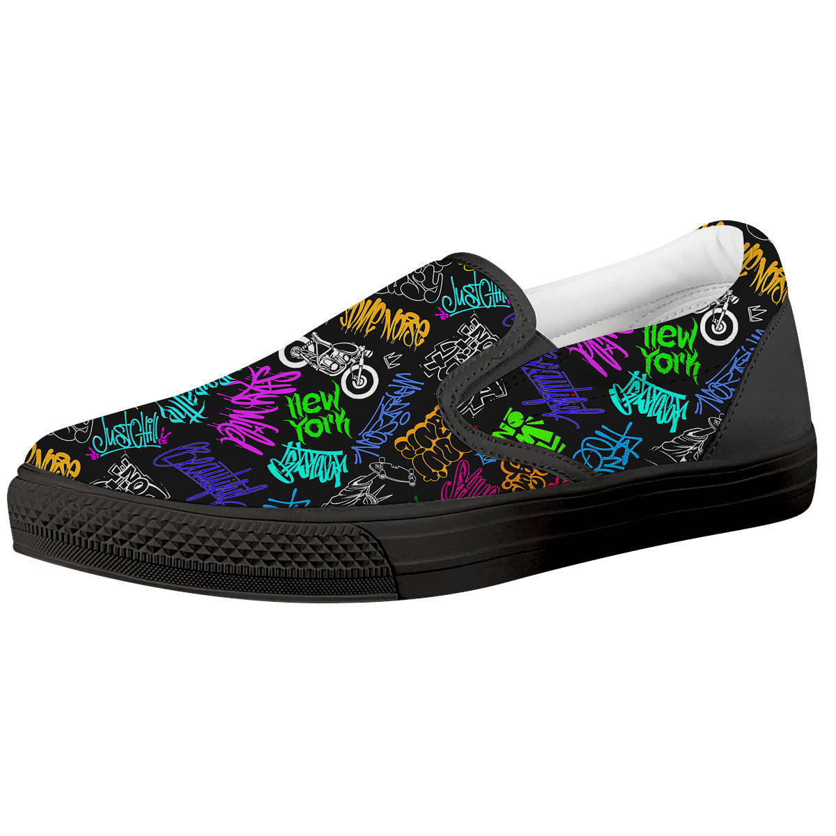 Graffiti Text Colorful Urban Elements Print Pattern Black Slip On Shoes-grizzshop