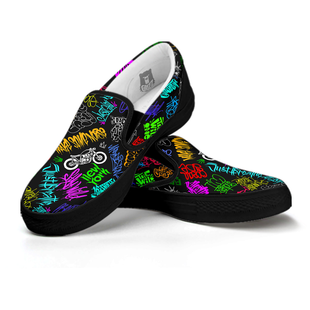 Graffiti Text Colorful Urban Elements Print Pattern Black Slip On Shoes-grizzshop