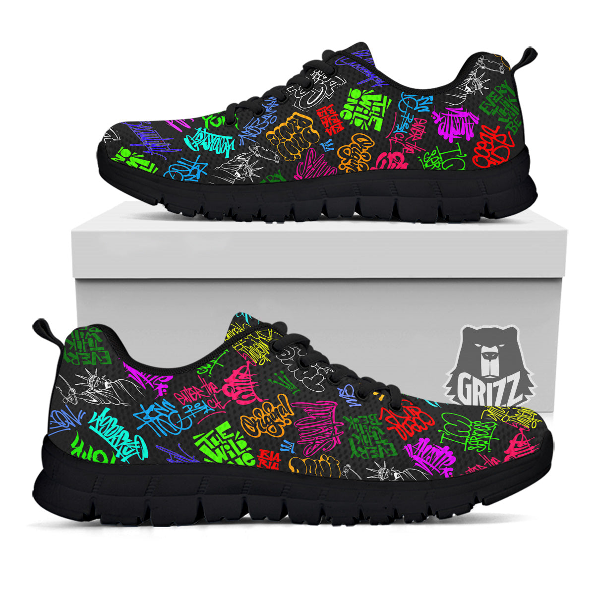 Graffiti Text Colorful Urban Elements Print Pattern Black Sneaker-grizzshop