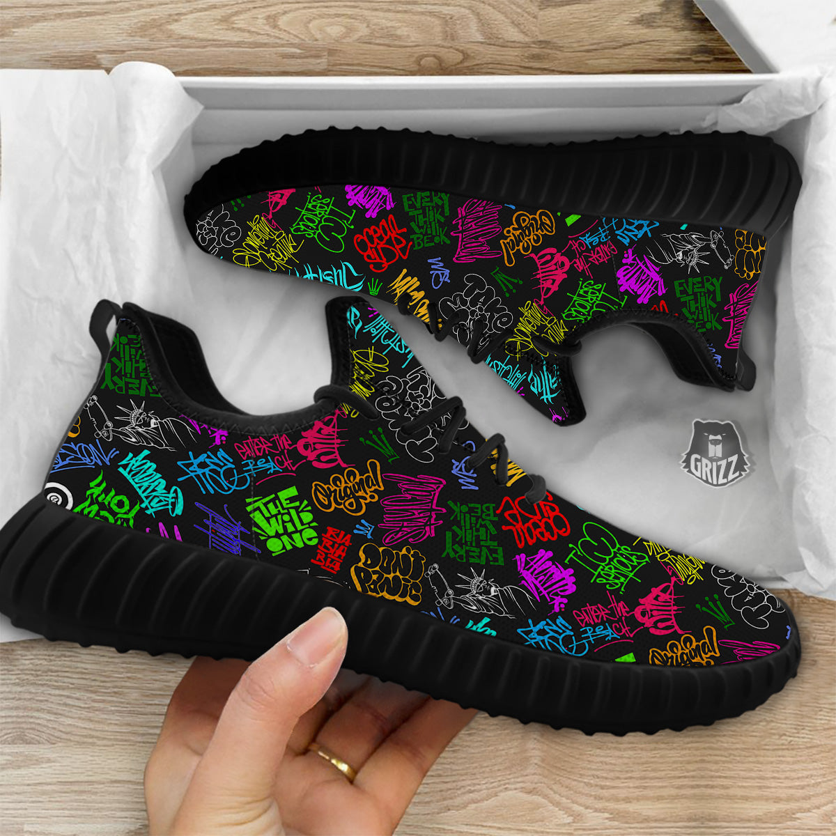 Graffiti Text Colorful Urban Elements Print Pattern Black Walking Shoes-grizzshop
