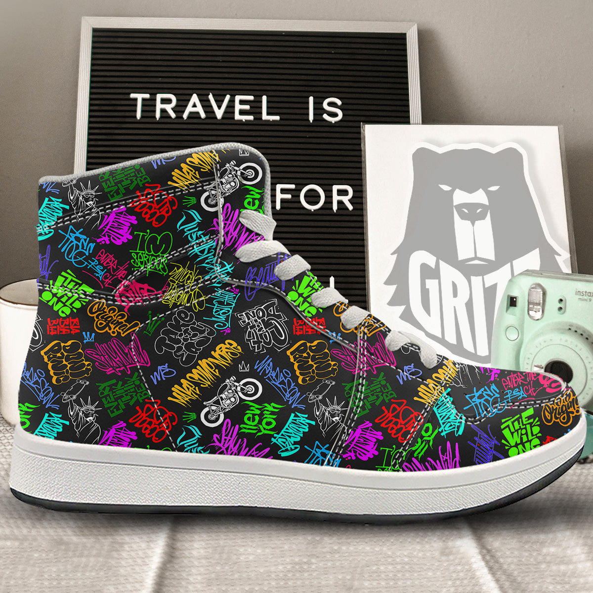Graffiti Text Colorful Urban Elements Print Pattern High Top Sneakers-grizzshop