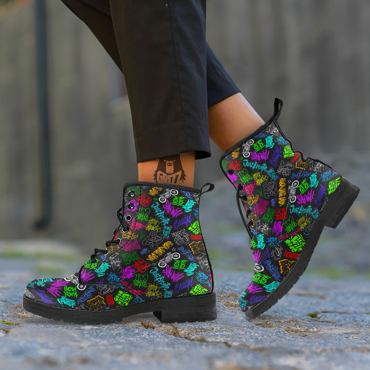 Graffiti Text Colorful Urban Elements Print Pattern Leather Boots-grizzshop