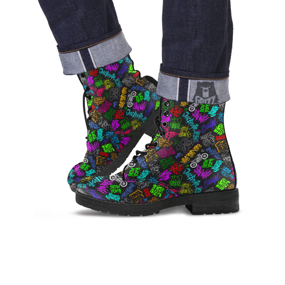 Graffiti Text Colorful Urban Elements Print Pattern Leather Boots-grizzshop
