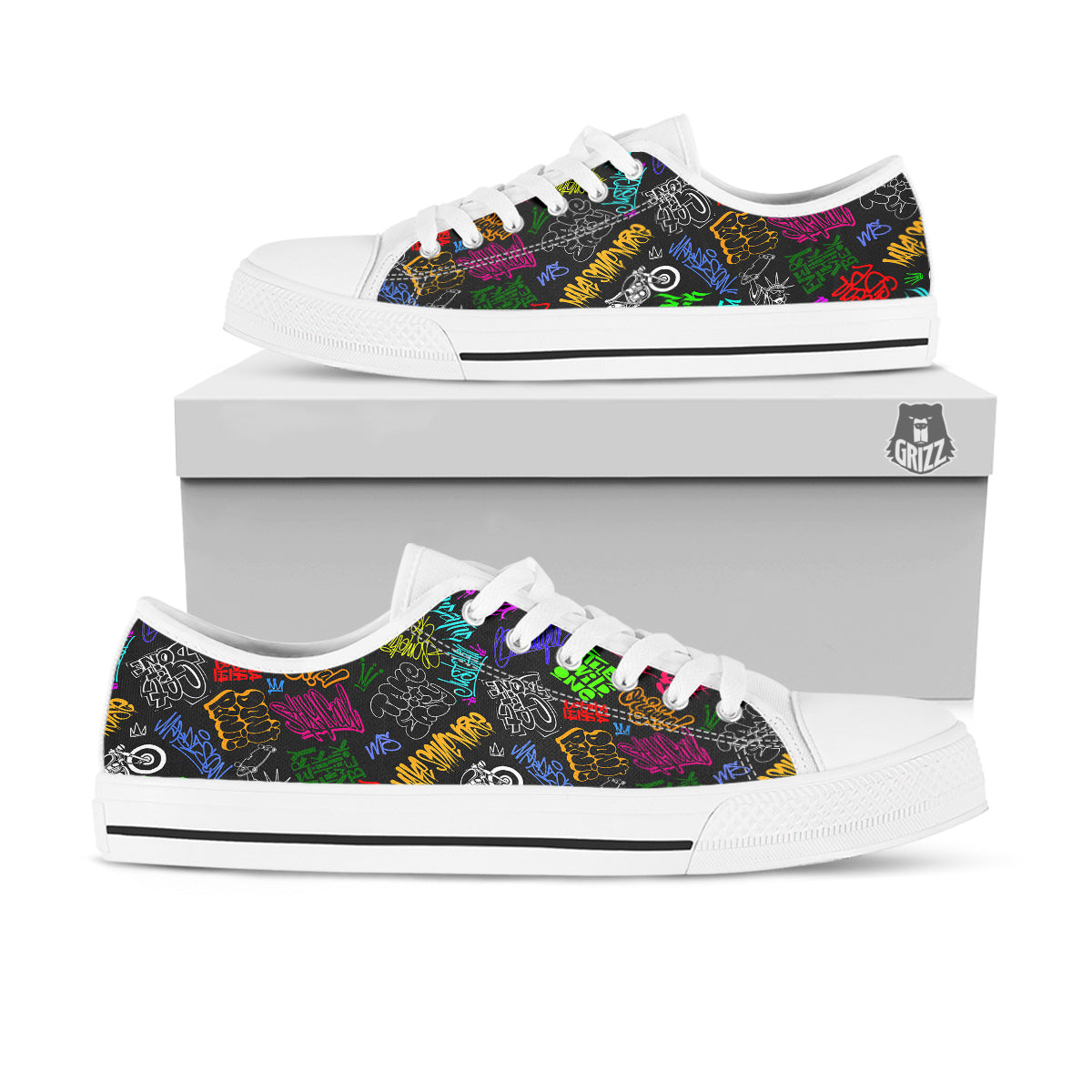 Graffiti Text Colorful Urban Elements Print Pattern White Low Top Shoes-grizzshop