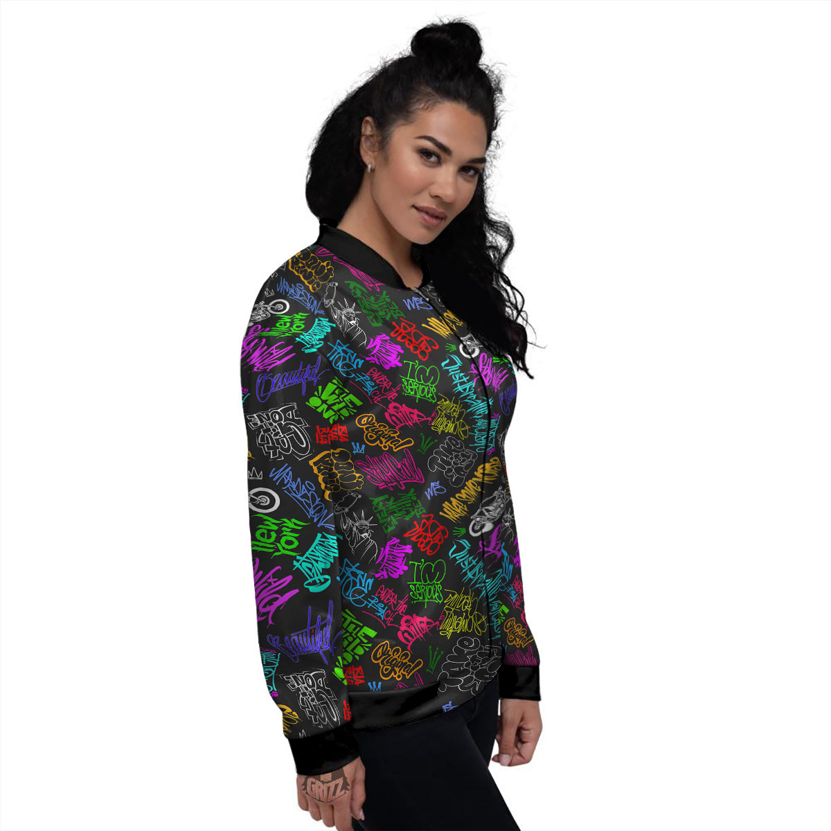 Graffiti Text Colorful Urban Elements Print Pattern Women's Bomber Jacket-grizzshop