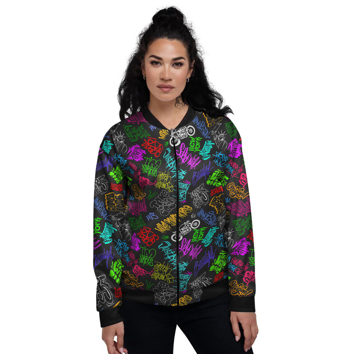 Graffiti Text Colorful Urban Elements Print Pattern Women's Bomber Jacket-grizzshop