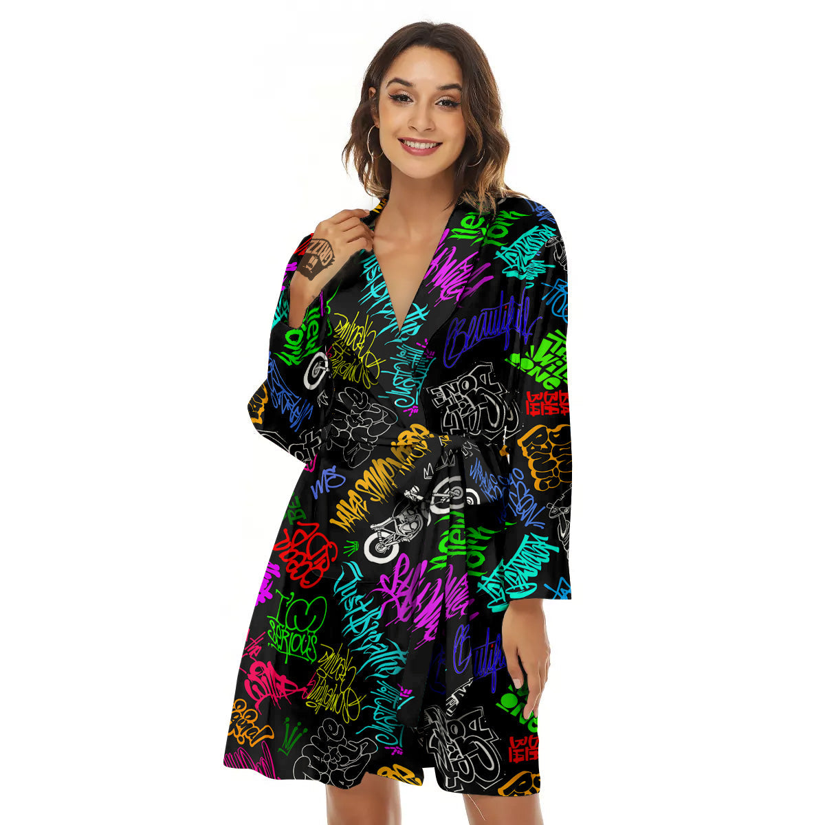 Graffiti Text Colorful Urban Elements Print Pattern Women's Robe-grizzshop