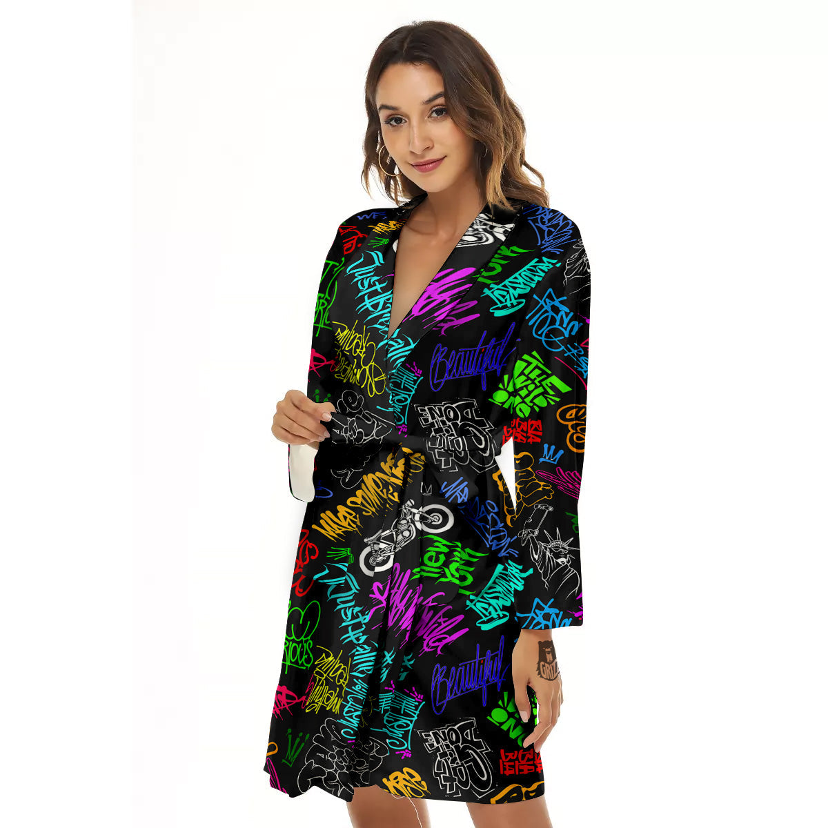 Graffiti Text Colorful Urban Elements Print Pattern Women's Robe-grizzshop