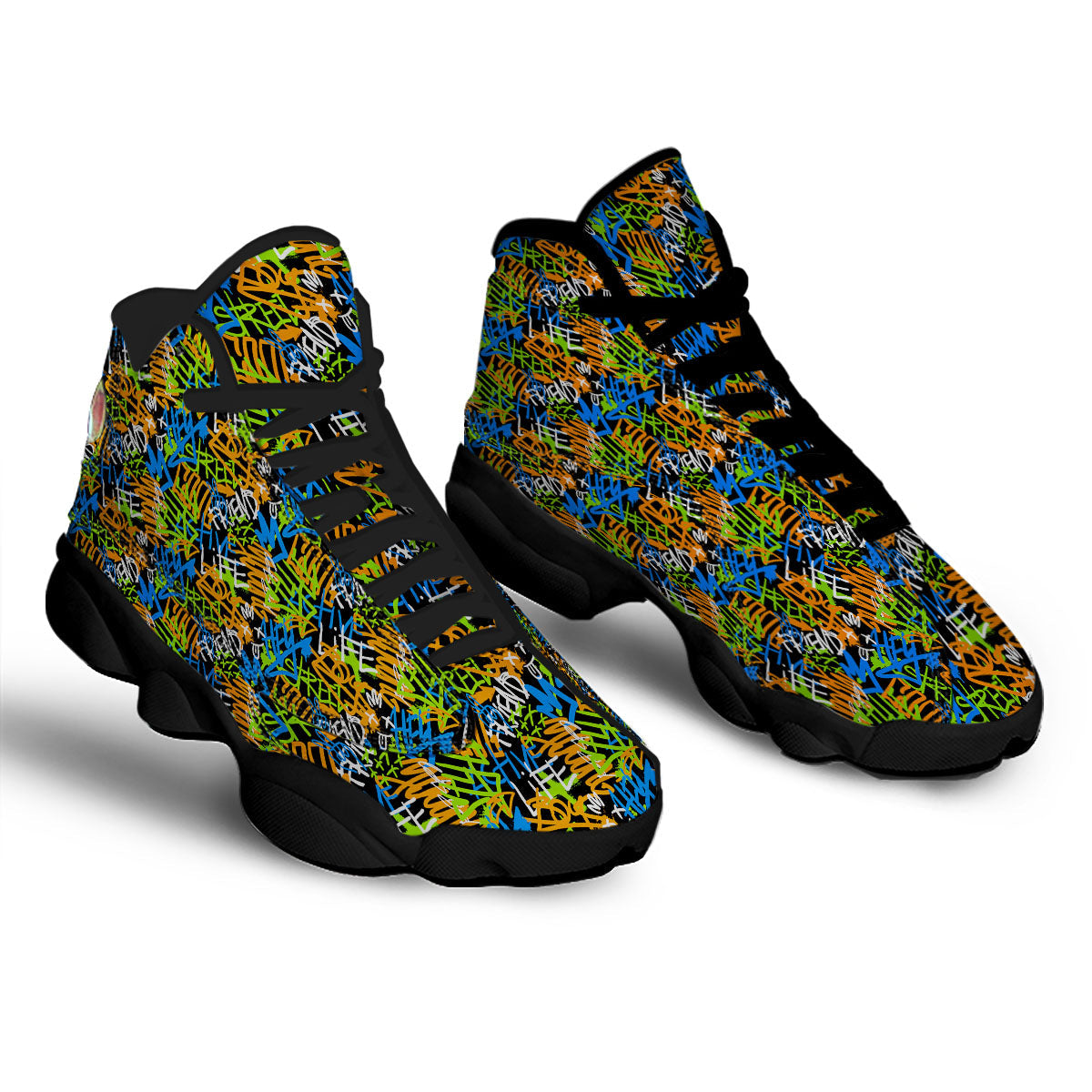 Graffiti Text Print Pattern Black Basketball Shoes-grizzshop