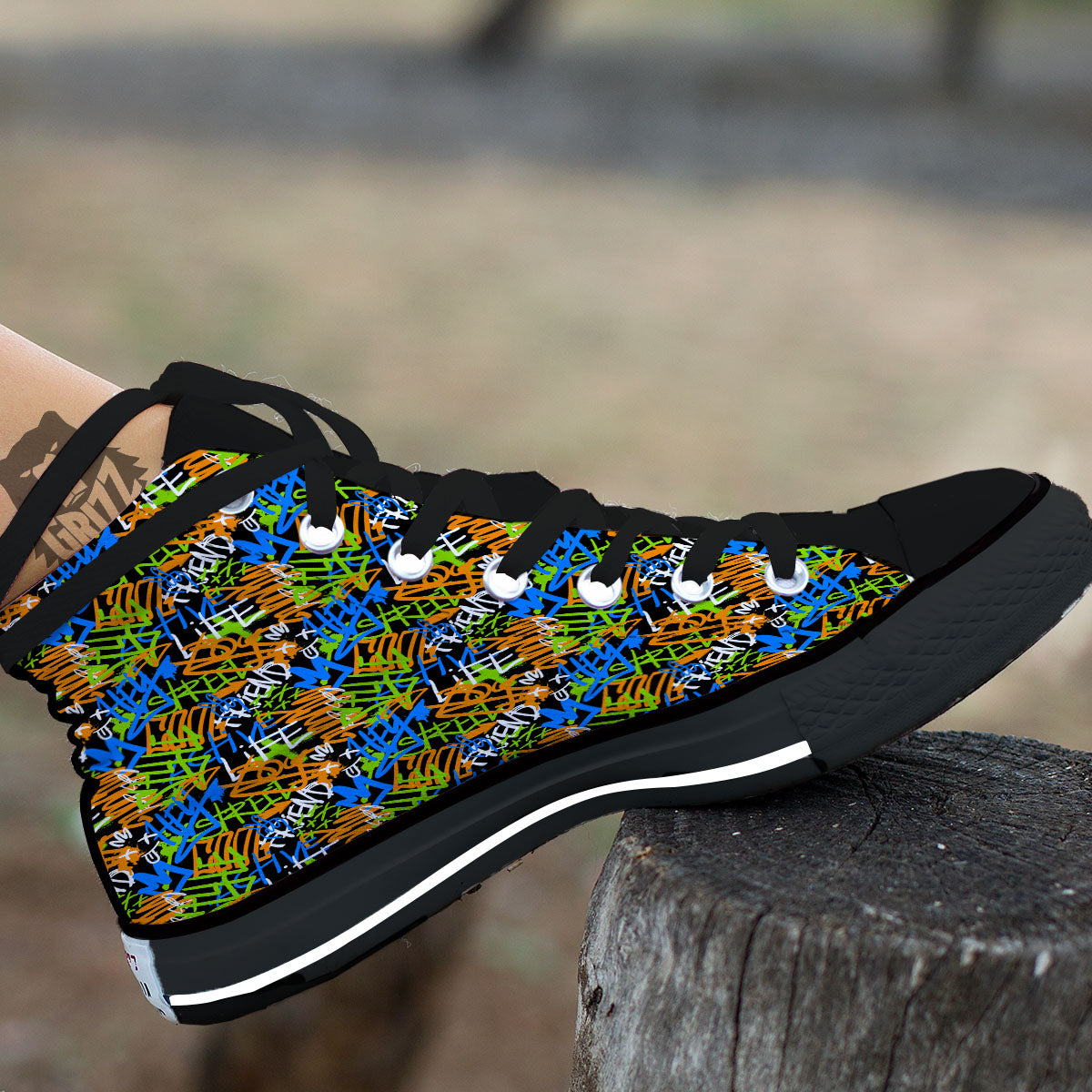 Graffiti Text Print Pattern Black High Top Shoes-grizzshop