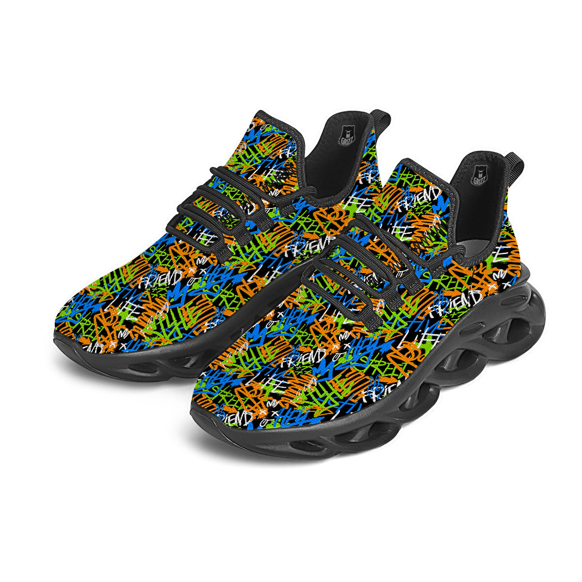 Graffiti Text Print Pattern Black Running Shoes-grizzshop