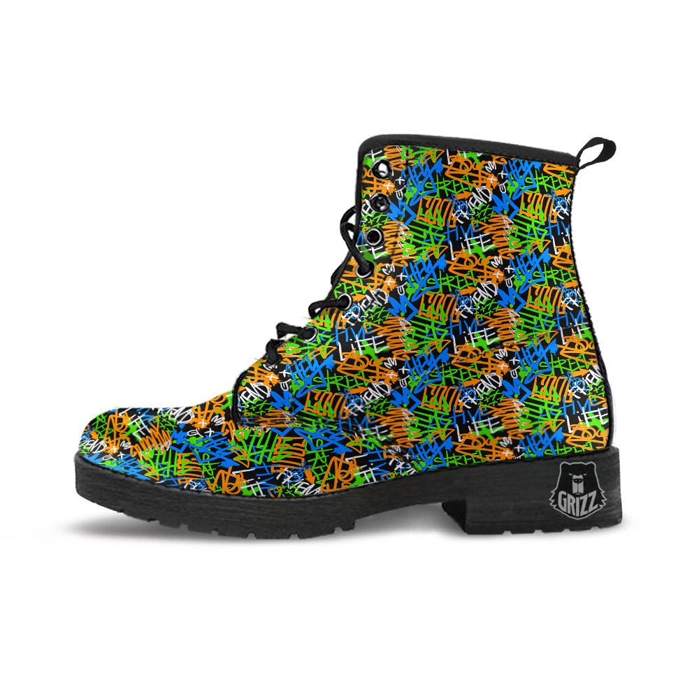Graffiti Text Print Pattern Leather Boots-grizzshop