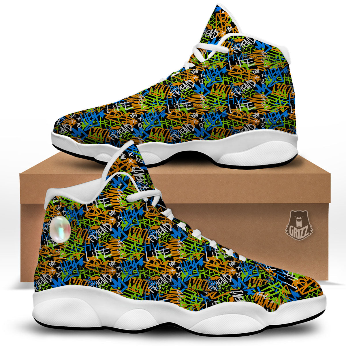 Graffiti Text Print Pattern White Basketball Shoes-grizzshop
