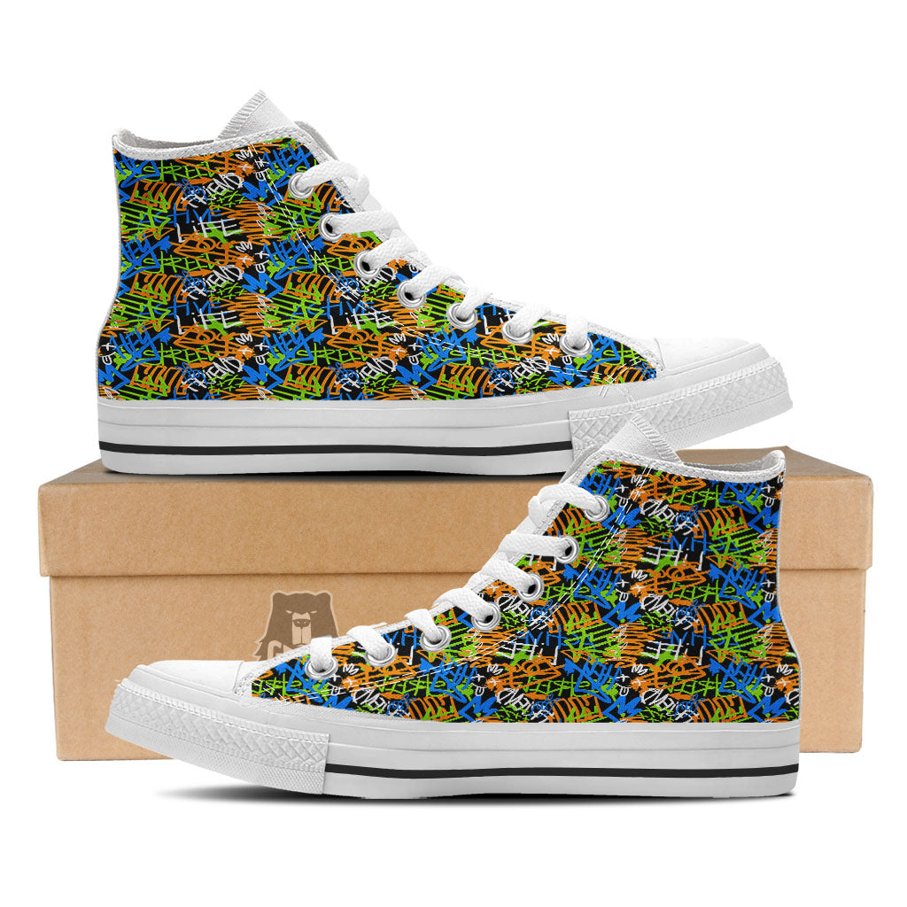 Graffiti Text Print Pattern White High Top Shoes-grizzshop