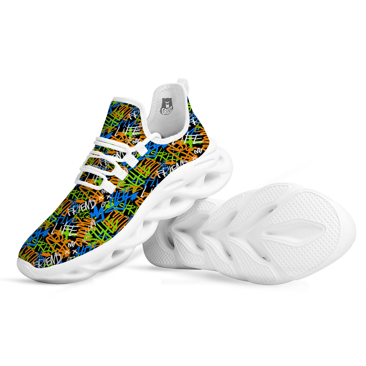 Graffiti Text Print Pattern White Running Shoes-grizzshop