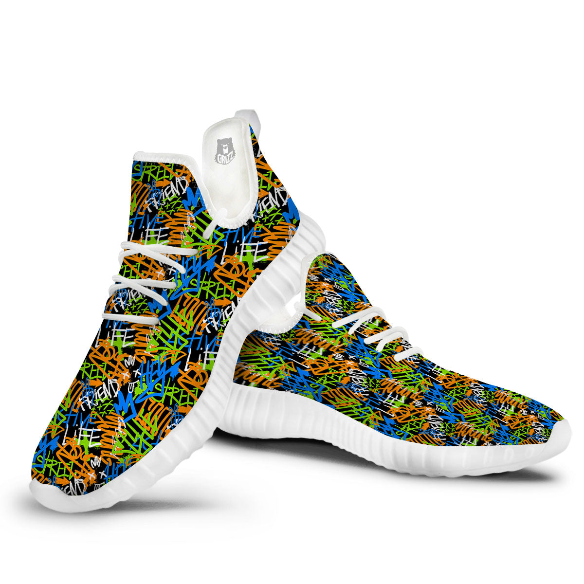Graffiti Text Print Pattern White Walking Shoes-grizzshop