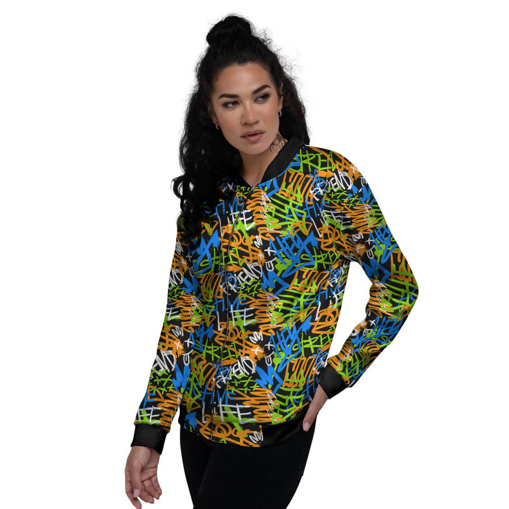 Graffiti Text Print Pattern Women's Bomber Jacket-grizzshop