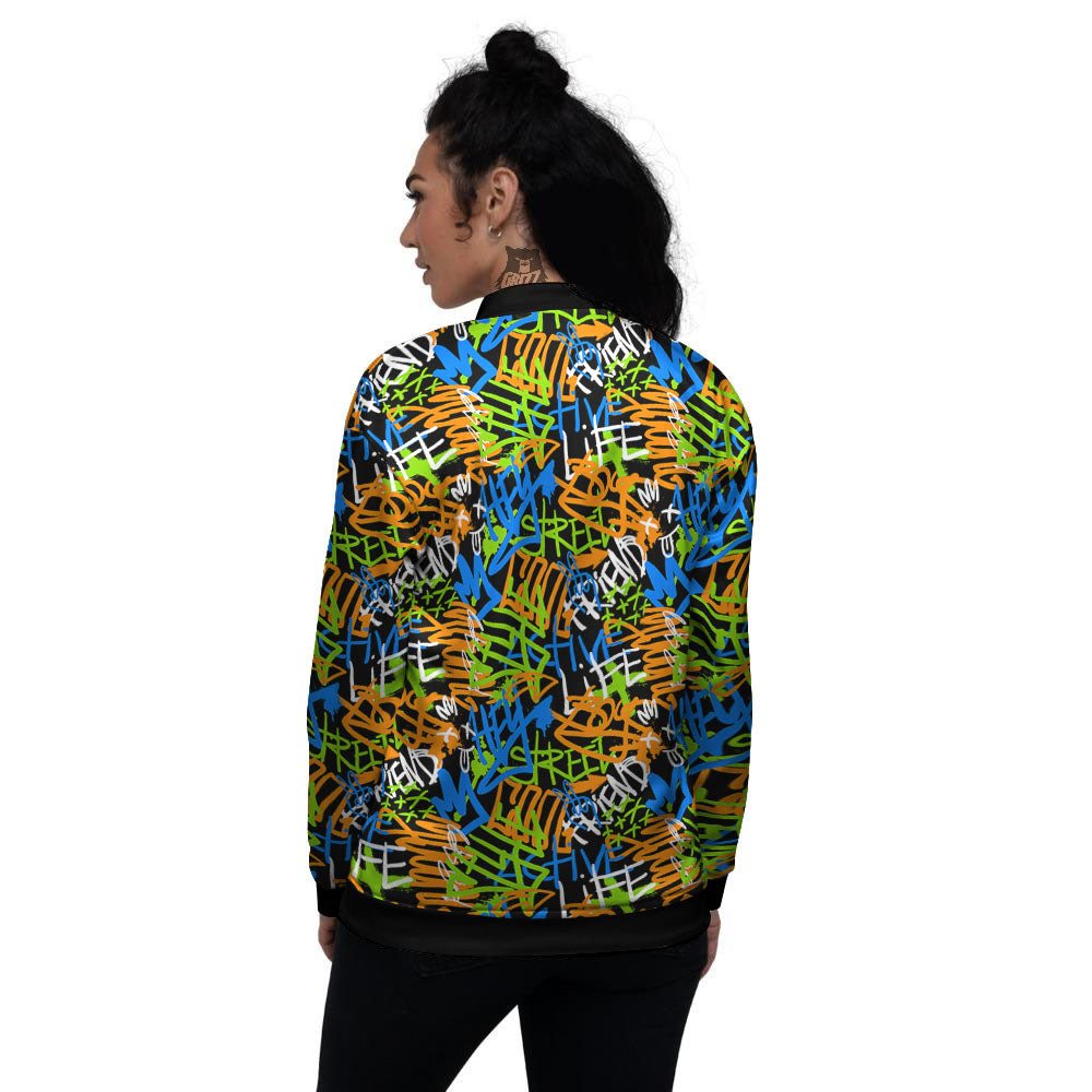 Graffiti Text Print Pattern Women's Bomber Jacket-grizzshop