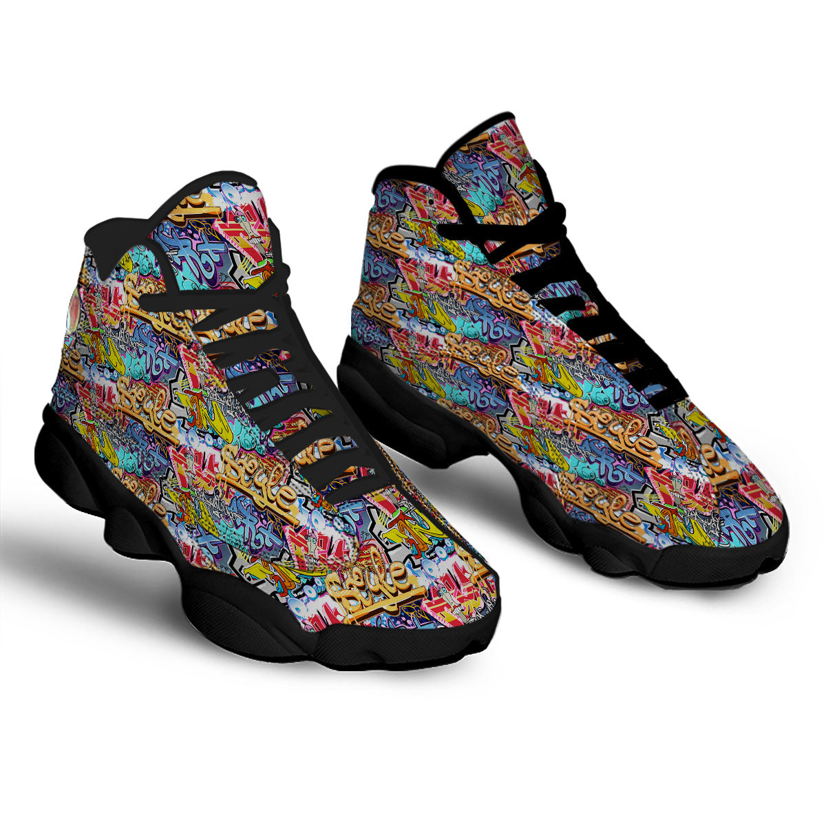 Graffiti Wall Print Black Basketball Shoes-grizzshop