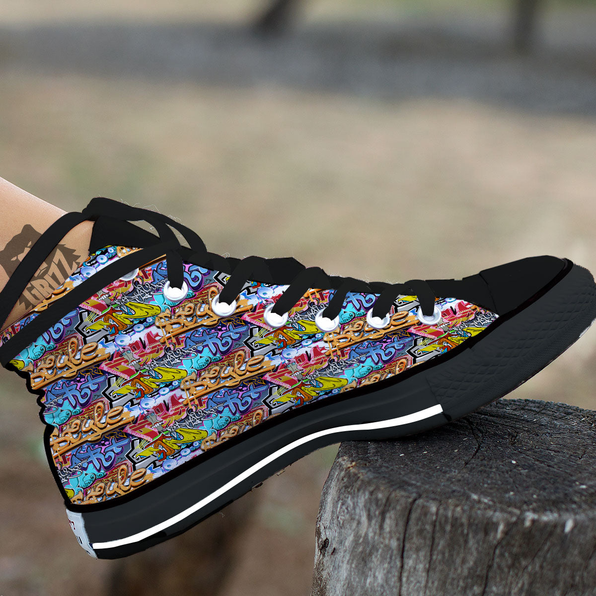 Graffiti Wall Print Black High Top Shoes-grizzshop