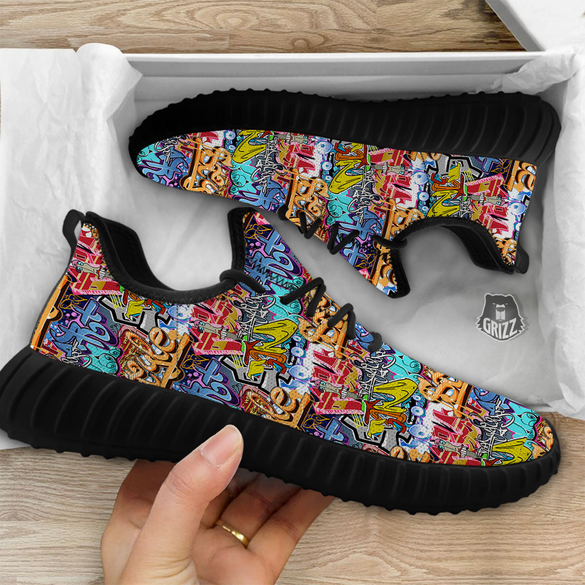 Graffiti Wall Print Black Walking Shoes-grizzshop