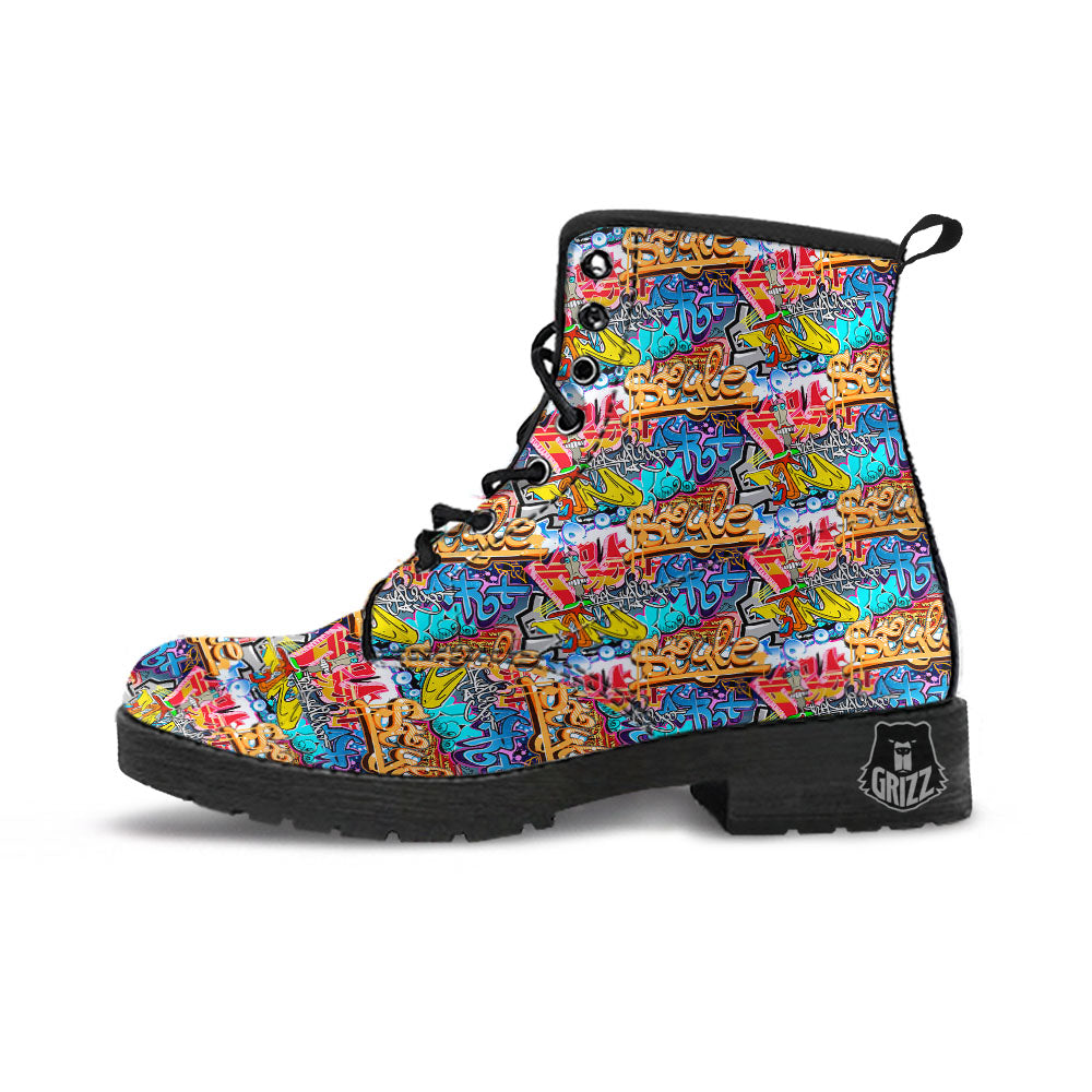 Graffiti Wall Print Leather Boots-grizzshop