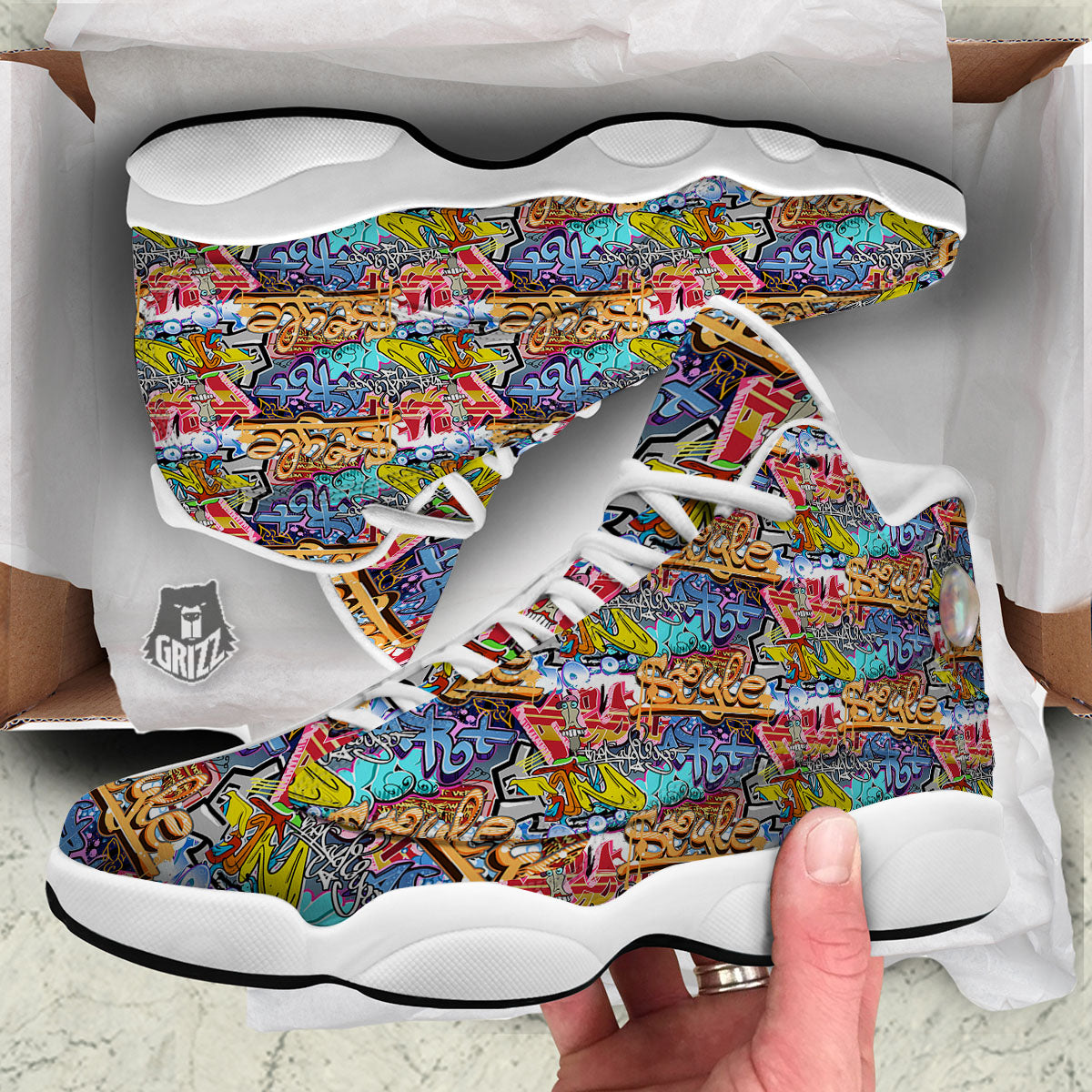 Graffiti Wall Print White Basketball Shoes-grizzshop