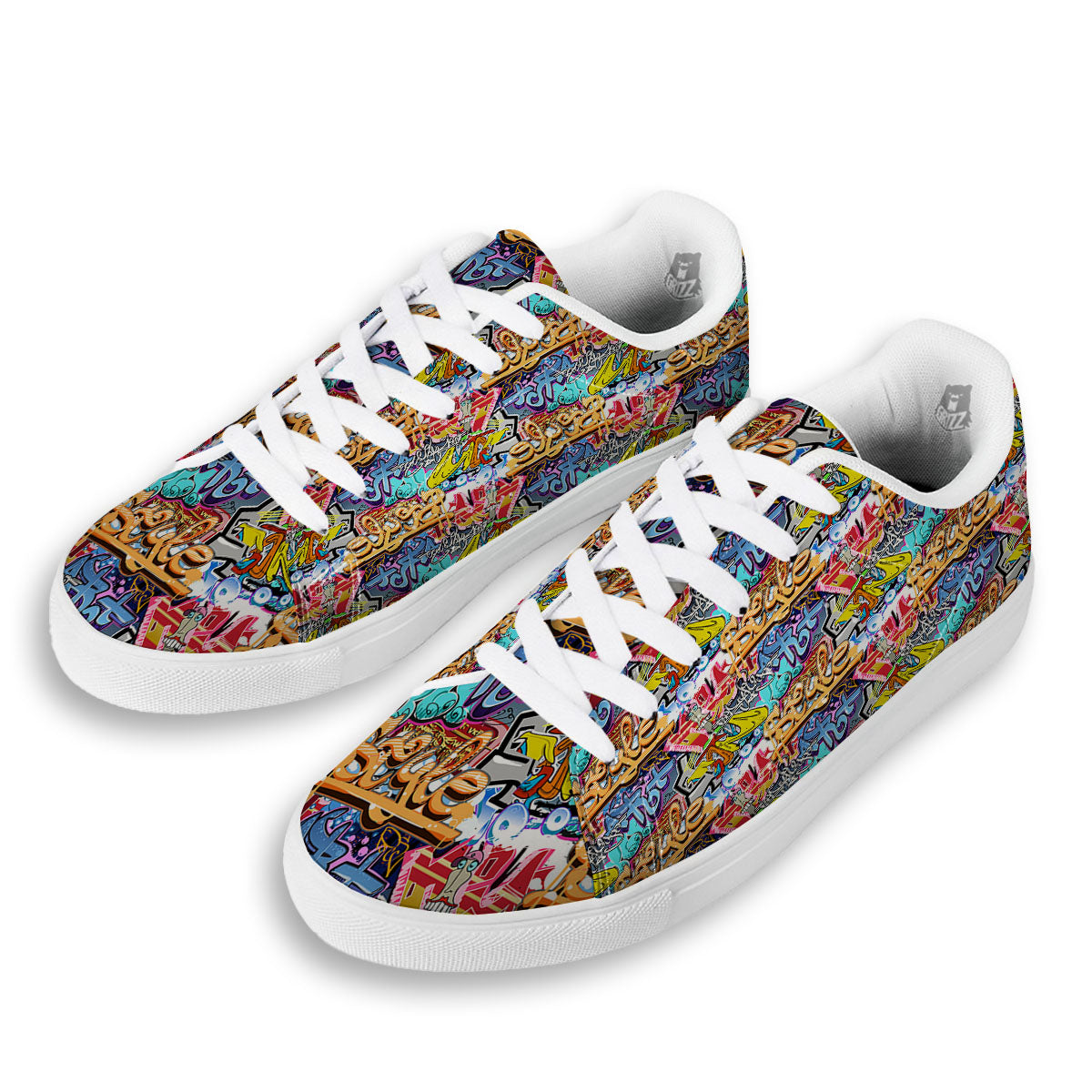 Graffiti Wall Print White Low Top Sneakers-grizzshop
