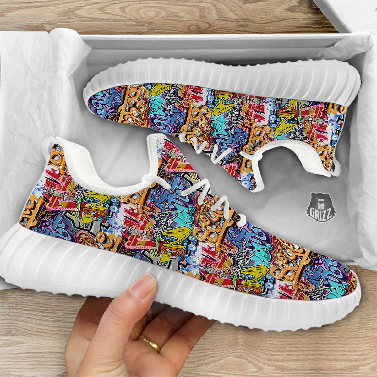 Graffiti Wall Print White Walking Shoes-grizzshop