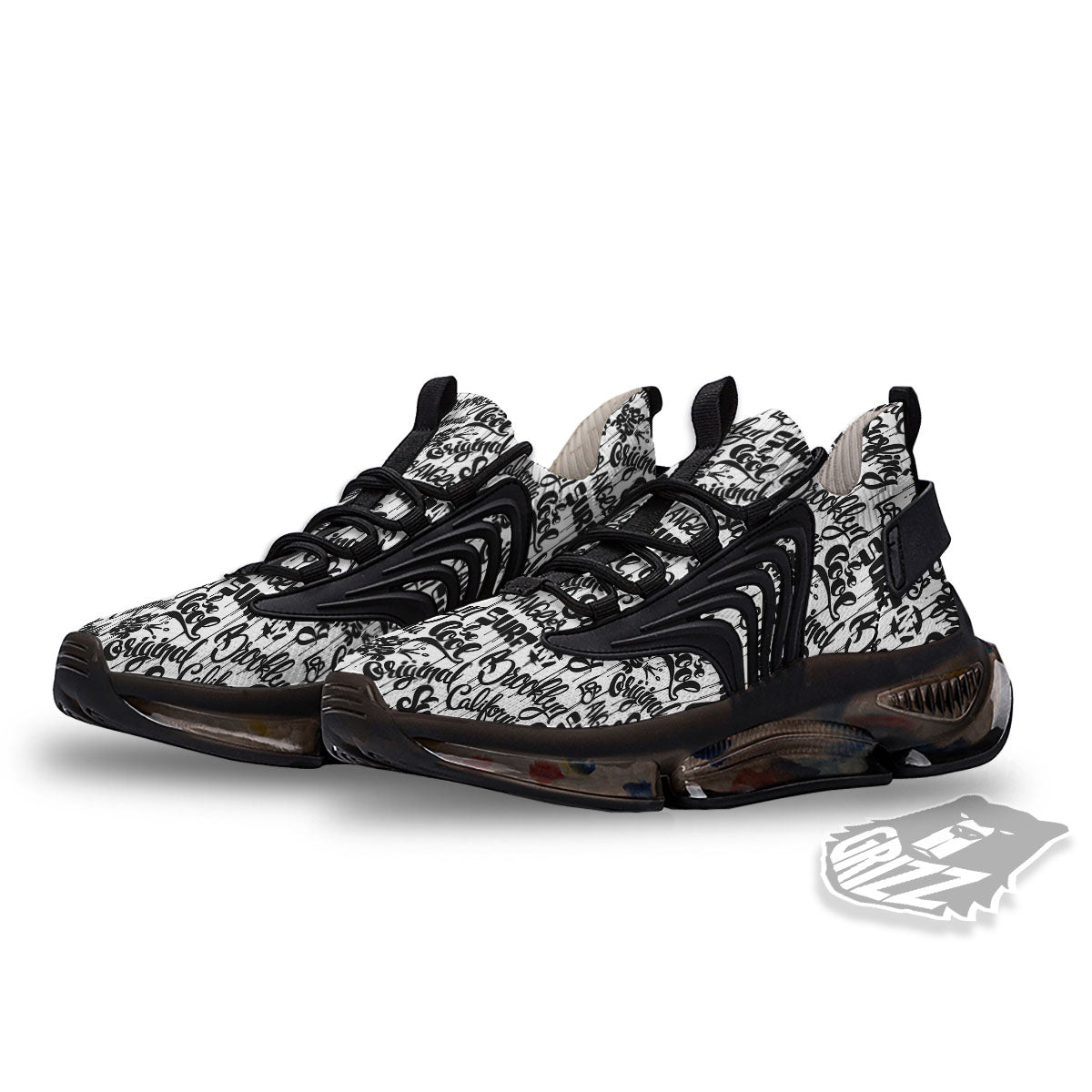 Graffiti White And Black Print Pattern Black Gym Shoes-grizzshop