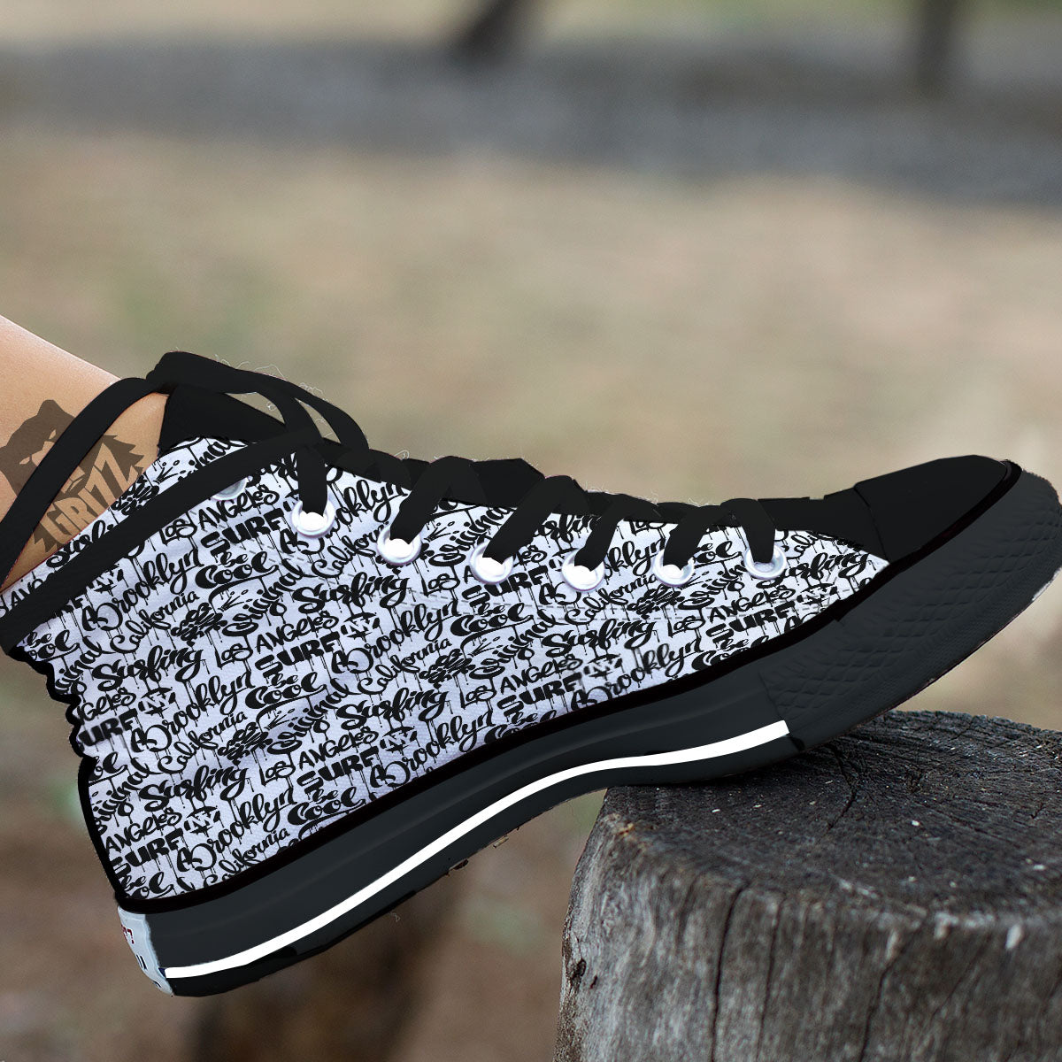 Graffiti White And Black Print Pattern Black High Top Shoes-grizzshop